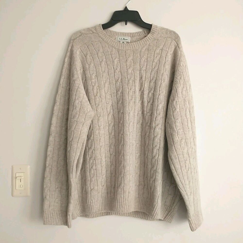 Vtg LL Bean Sweater Mens XL Beige Greyge LambsWool Crewneck Cable Knit Scotland
